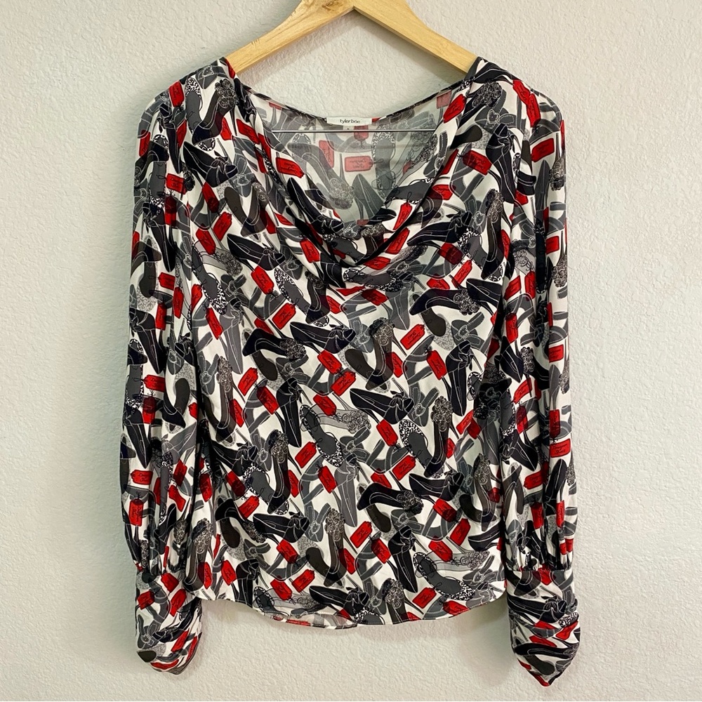 tyler böe Olivia 100% Silk Cowl Neck Blouse Small Designer Shoe Print **FLAW**‎